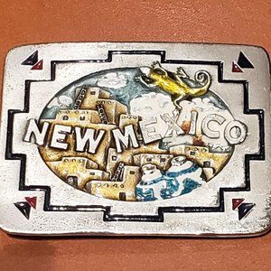 New Mexico Pewter & Painted Belt Buckle - Vintage 1994